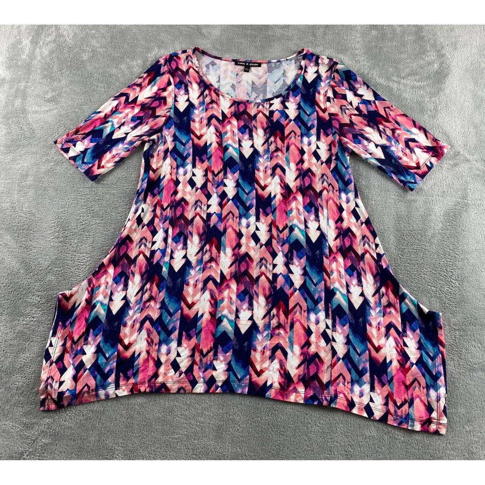 Cable & Gauge Womens Pink Blue Geometric Chevron Sharkbite Tunic Top Size M